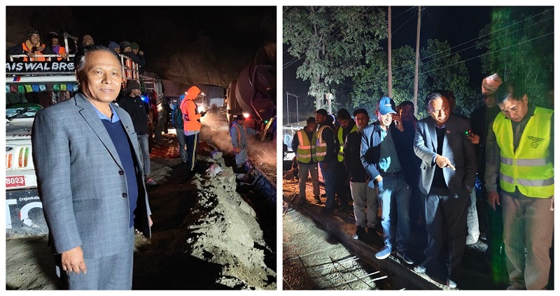 दाउन्ने सडक खण्डमा मन्त्री घिसिङको रात्रि अनुगमन : निर्माण कार्य तीब्र बनाउन निर्देशन